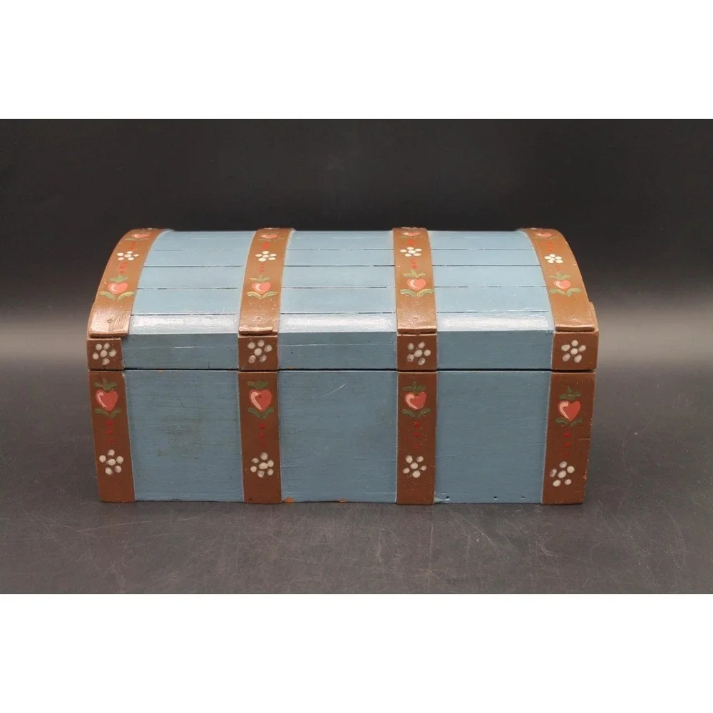 Hand Painted Wooden Treasure Chest Folk Art Storage Box Blue Heart Floral